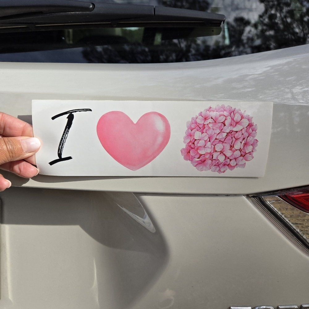 I Love (Heart) Hydrangeas blush pink hydrangea graphic 9x3 bumper sticker